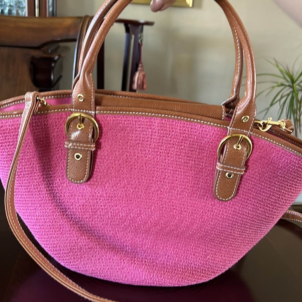 Pink Woven Straw Crossbody Bag Brown Trim Cotton Paper Tote - Picture 12 of 17